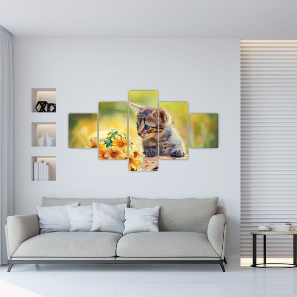 Obraz kotka patrzącego na kwiat (125x70 cm)