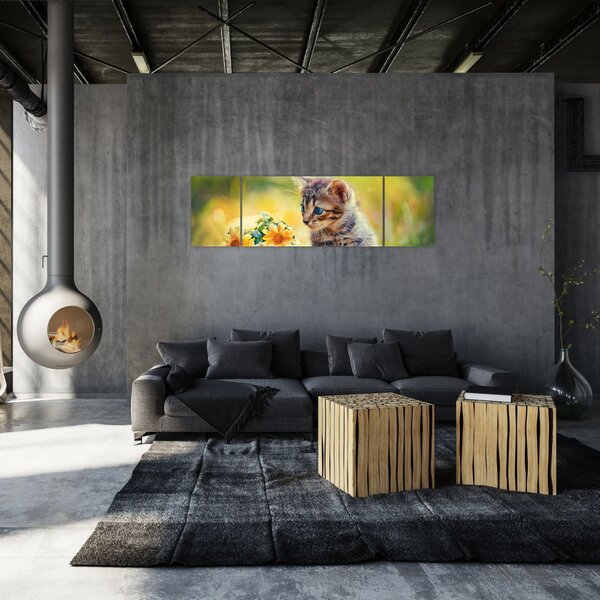 Obraz kotka patrzącego na kwiat (170x50 cm)