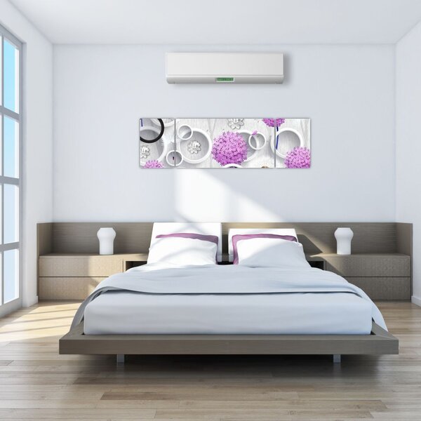 Obraz abstrakcji 3D z kołami i kwiatami (170x50 cm)