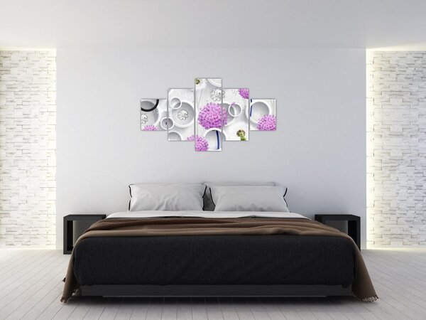 Obraz abstrakcji 3D z kołami i kwiatami (125x70 cm)