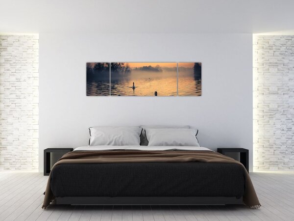 Obraz łabędzi na wodzie we mgle (170x50 cm)
