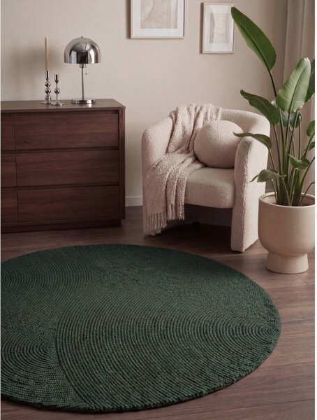 Ciemnozielony wełniany okrągły dywan tkany ręcznie ø 120 cm Calmio – Hanse Home