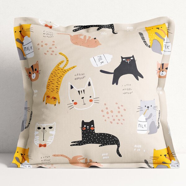 Goldea poszewka na poduszkę z ozdobną kantą bawełniana dla dzieci - wesołe koty na beżowym 60 x 60 cm
