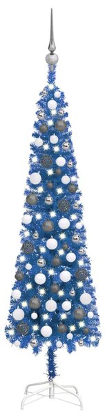 Smukła choinka z lampkami LED i bombkami, niebieska, 120 cm