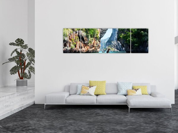 Obraz długiej łodzi na plaży (170x50 cm)