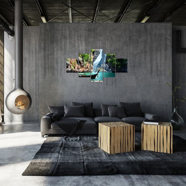 Obraz długiej łodzi na plaży (125x70 cm)