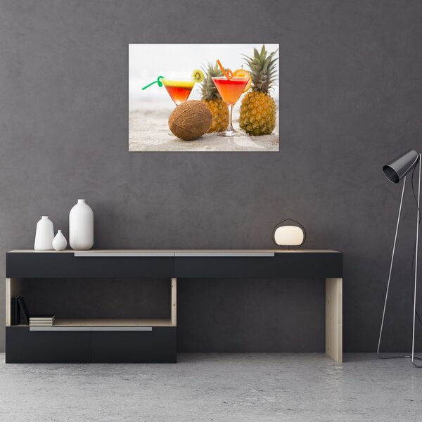 Obraz ananasów i szklanek na plaży (70x50 cm)