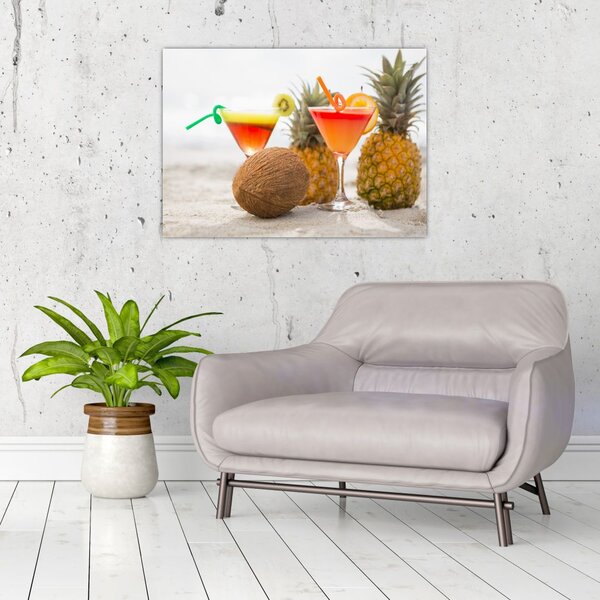 Obraz ananasów i szklanek na plaży (70x50 cm)