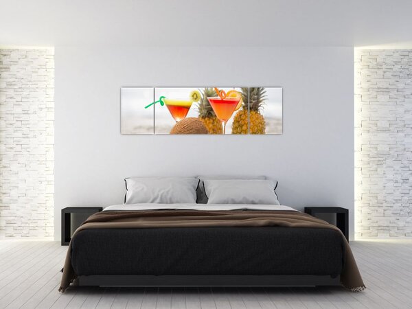 Obraz ananasów i szklanek na plaży (170x50 cm)