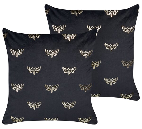 Dwie poduszki dekoracyjne welurowe w motyle 45 x 45 cm czarne Yuzuri Beliani