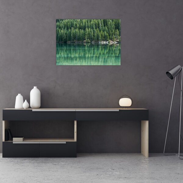 Obraz - drzewa iglaste nad jeziorem (70x50 cm)