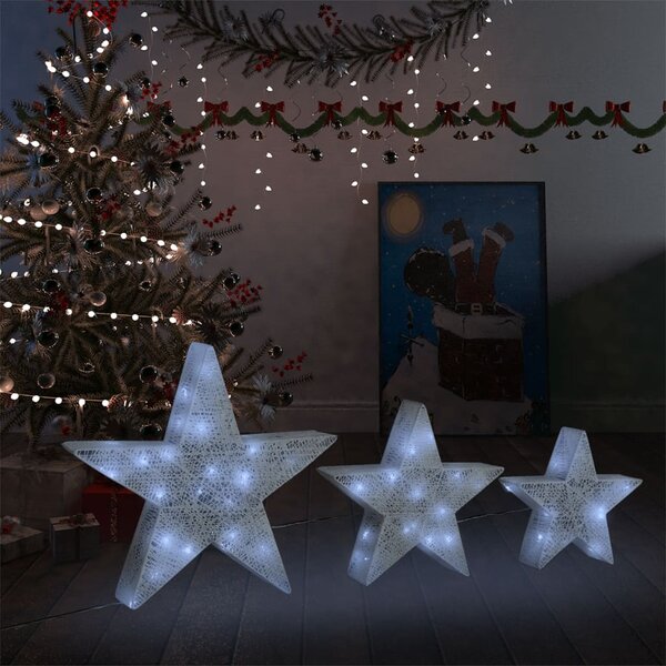Dekoracja świąteczna: 3 gwiazdy, biała siatka z LED