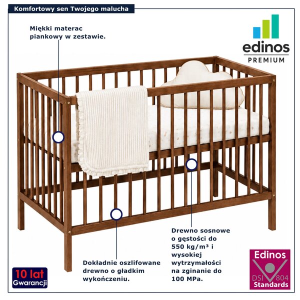 Brązowe retro łóżeczko niemowlęce z materacem 60x120 E7-C48
