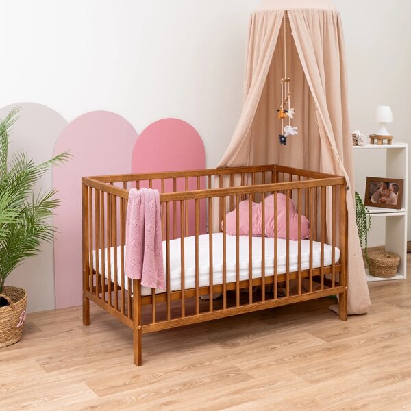 Brązowe retro łóżeczko niemowlęce z materacem 60x120 E7-C48