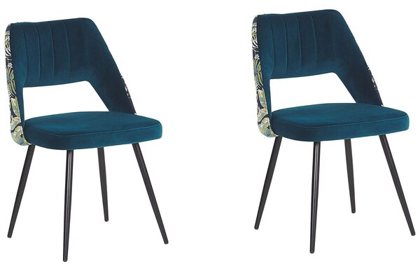Zestaw krzeseł tapicerowanych welurowych pikowane kwiatowy motyw niebieskie Ansley Beliani