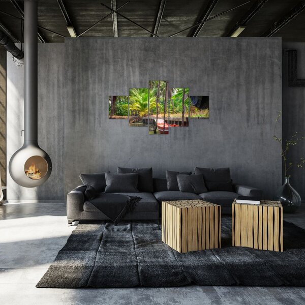 Obraz - Drewniana łódź na kanale, Tajlandia (125x70 cm)