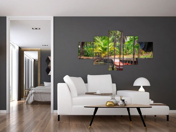 Obraz - Drewniana łódź na kanale, Tajlandia (125x70 cm)