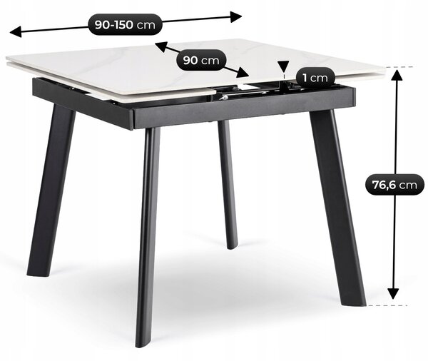Stół Rozkładany Kwadratowy LARES 90-150 cm Ceramiczny Biały Marmur/Czarny Nowoczesny