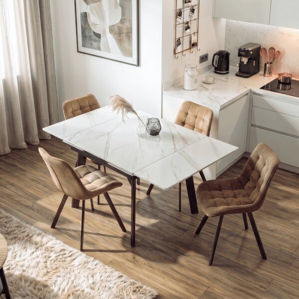 Stół Rozkładany Kwadratowy LARES 90-150 cm Ceramiczny Biały Marmur/Czarny Nowoczesny