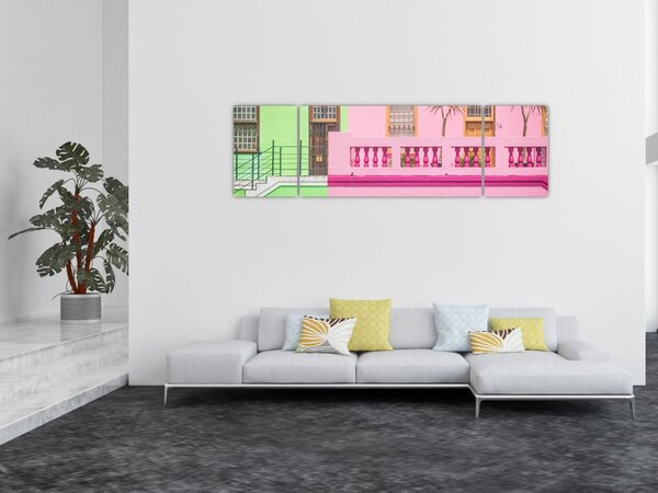 Obraz samochodu - kolorowe domy (170x50 cm)