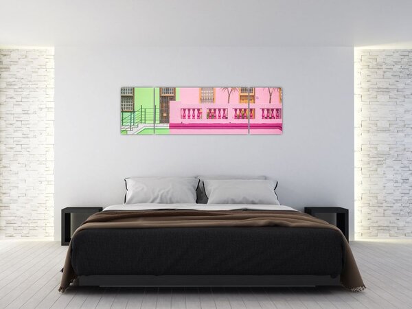 Obraz samochodu - kolorowe domy (170x50 cm)