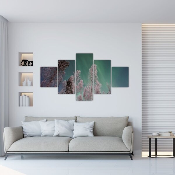 Obraz zorzy polarnej nad zamarzniętymi drzewami (125x70 cm)