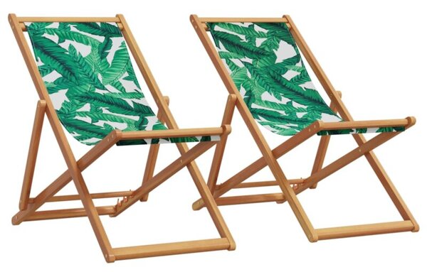 Składane krzesła plażowe 2 szt., wzór w liście tkanina i drewno