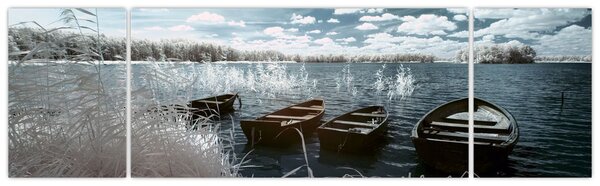 Obraz - Drewniane łodzie na jeziorze (170x50 cm)