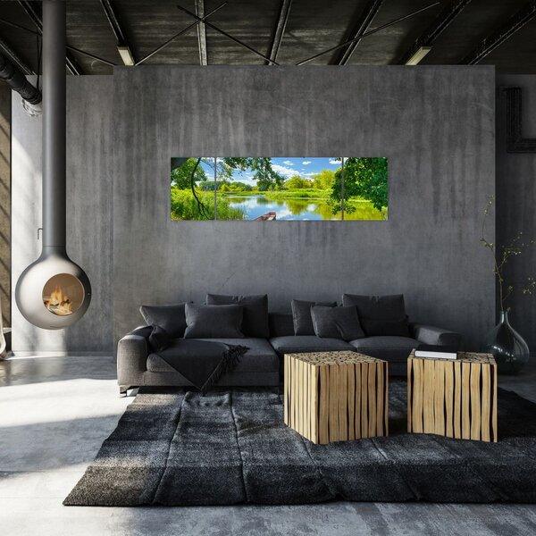 Obraz letniej rzeki z łodzią (170x50 cm)