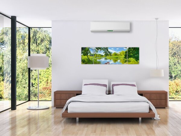 Obraz letniej rzeki z łodzią (170x50 cm)