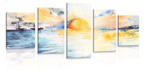 5-częściowy obraz promienny zachód słońca nad morzem