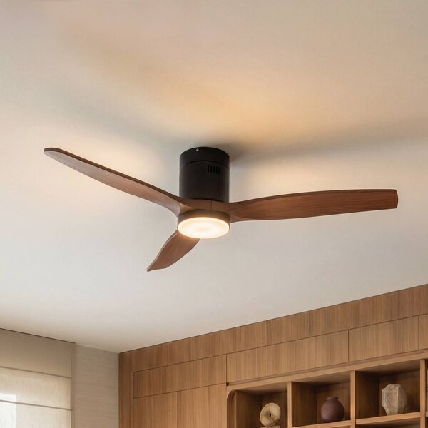Wentylator sufitowy LED Lucande Brinia, średnica 132 cm, drewno, CCT Brinia, ciemne drewno, salon / jadalnia, drewno, skandynawski