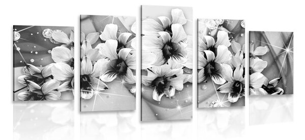 5-częściowy obraz czarne i białe kwiaty na abstrakcyjnym tle