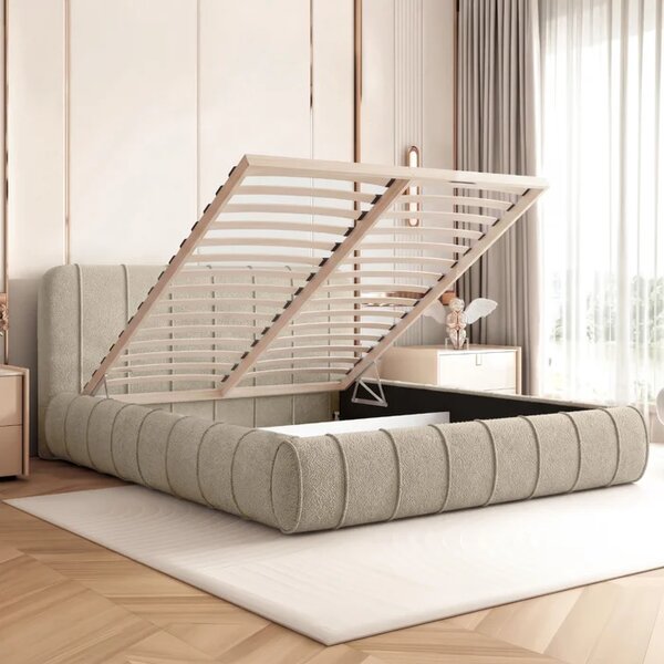 Łóżko Tapicerowane Slim 140x200 cm DAVEN z Pojemnikiem Beżowe Boucle Glamour