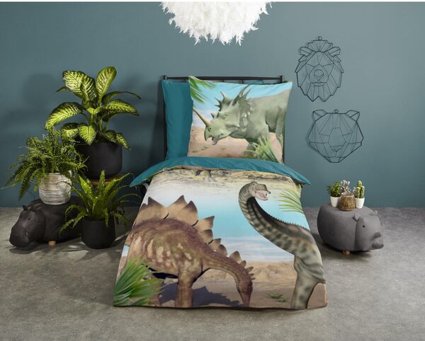 Zielono-niebieska bawełniana pościel dziecięca jednoosobowa 140x200 cm Dino – Good Morning