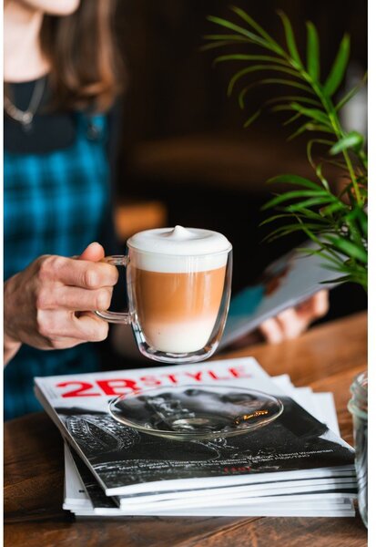 Zestaw 2 szklanych filiżanek z podwójną ścianką i spodkami Vialli Design, 250 ml