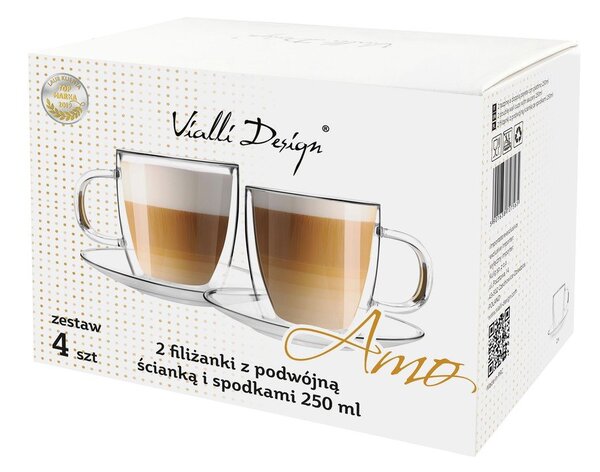 Zestaw 2 szklanych filiżanek z podwójną ścianką i spodkami Vialli Design, 250 ml