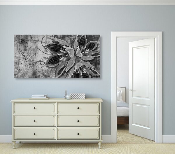 Obraz kwiaty z perłami w wersji czarno-białej