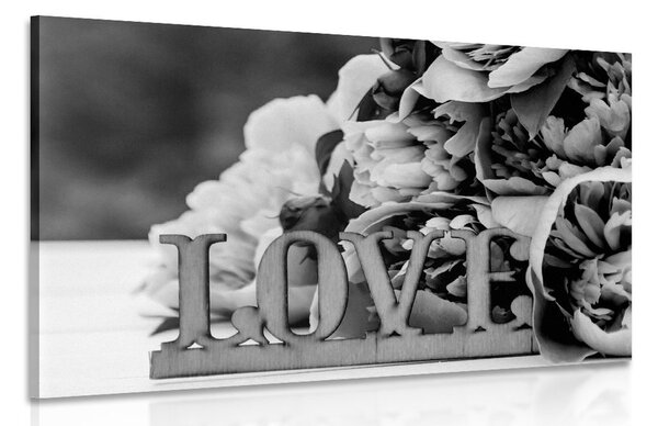 Obraz piwonie z napisem Love w wersji czarno-białej