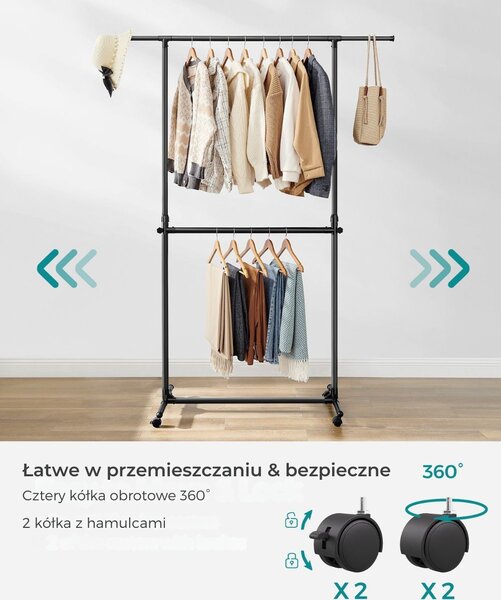 Stojak na ubrania dwupoziomowy JASON, 101-165x49x113-180cm, czarny SongmicsHome