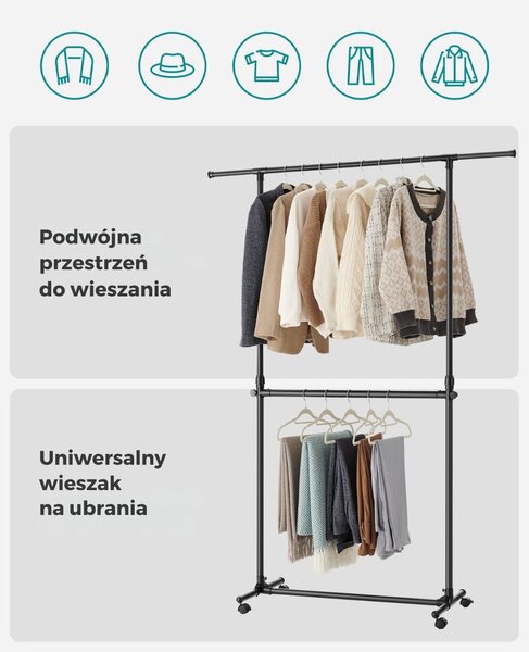 Stojak na ubrania dwupoziomowy JASON, 101-165x49x113-180cm, czarny SongmicsHome