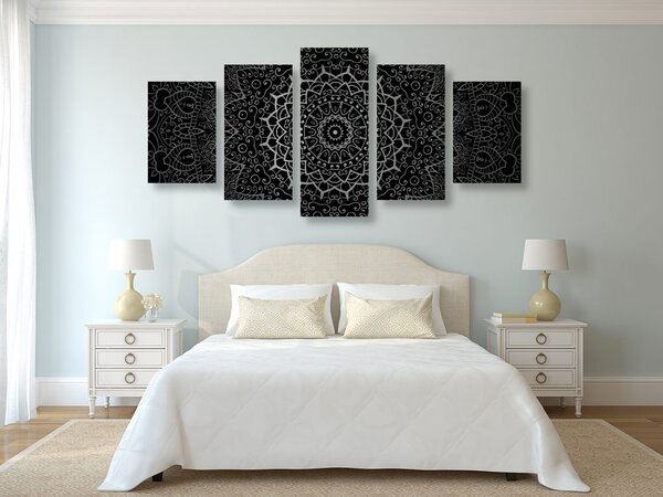 5-częściowy obraz vintage Mandala w stylu indyjskim w wersji czarno-białej