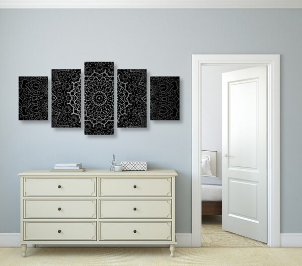 5-częściowy obraz vintage Mandala w stylu indyjskim w wersji czarno-białej