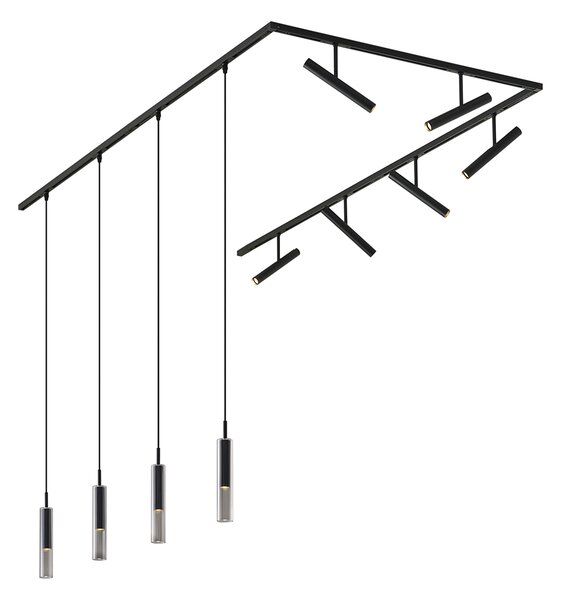 Nowoczesny system szynowy czarny z 6 reflektorami i 4 lampami wiszącymi czarny 1-fazowy - Slimline Avery Loyce