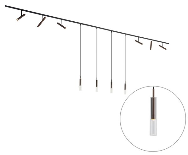 Nowoczesny system oświetlenia szynowego czarny z 6 reflektorami i 4 lampami wiszącymi ciemny brąz 1-fazowy - Slimline Avery Loyce