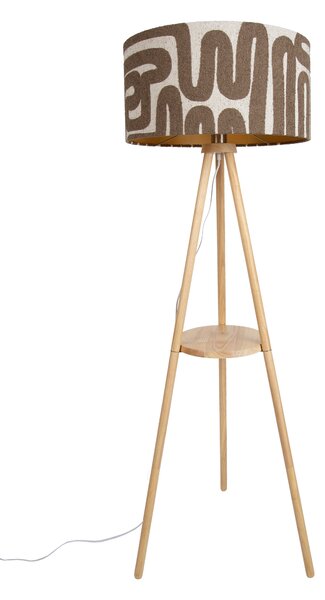 Lampa podłogowa trójnóg drewniana z prążkowanym beżowo-brązowym abażurem 50 cm - Lou