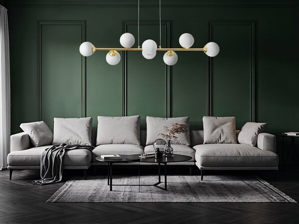 LAMPA WISZĄCA SUFITOWA ŻYRANDOL NOWOCZESNA ZŁOTO KLASYCZNE BIAŁE KULE FINO 8 LED