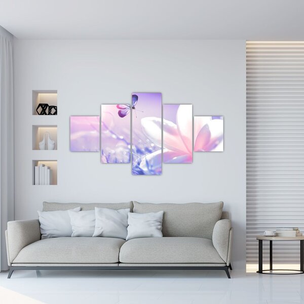 Obraz - Motyl lecący do kwiatu (125x70 cm)