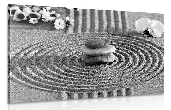 Obraz ogród japoński z elementami Feng Shui w wersji czarno-białej