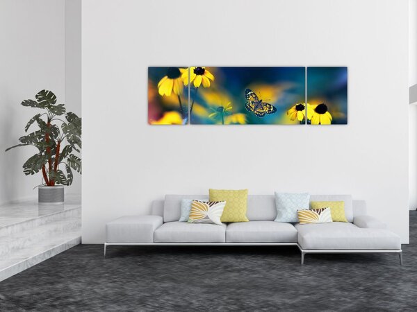 Obraz - Żółty motyl z kwiatami (170x50 cm)